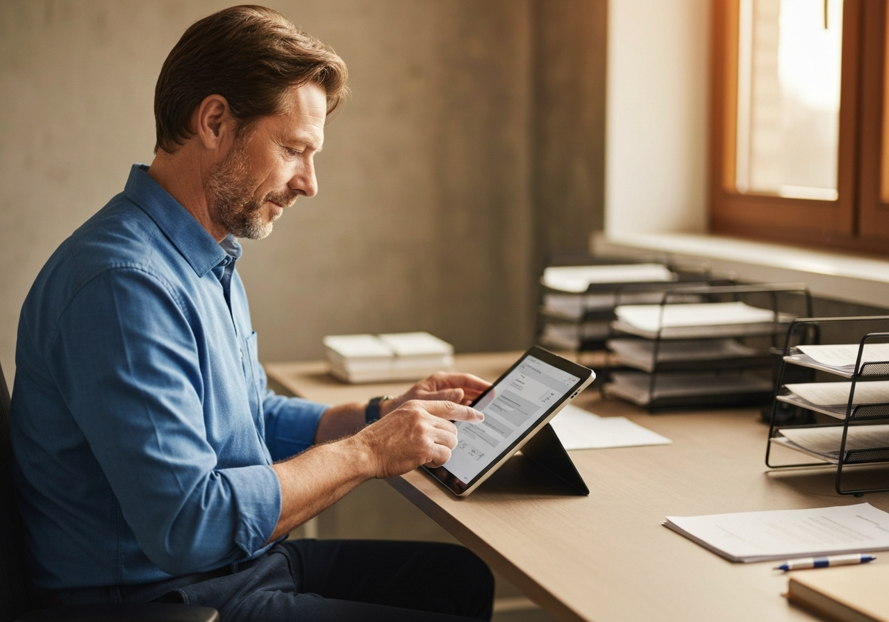 Mitarbeiter legt Dokumente digital per Tablet ab