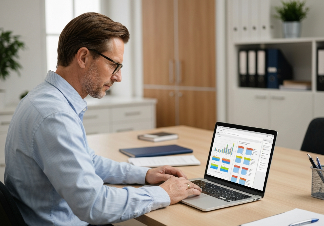 Unternehmerin liest KI-generierten Analysebericht am Laptop