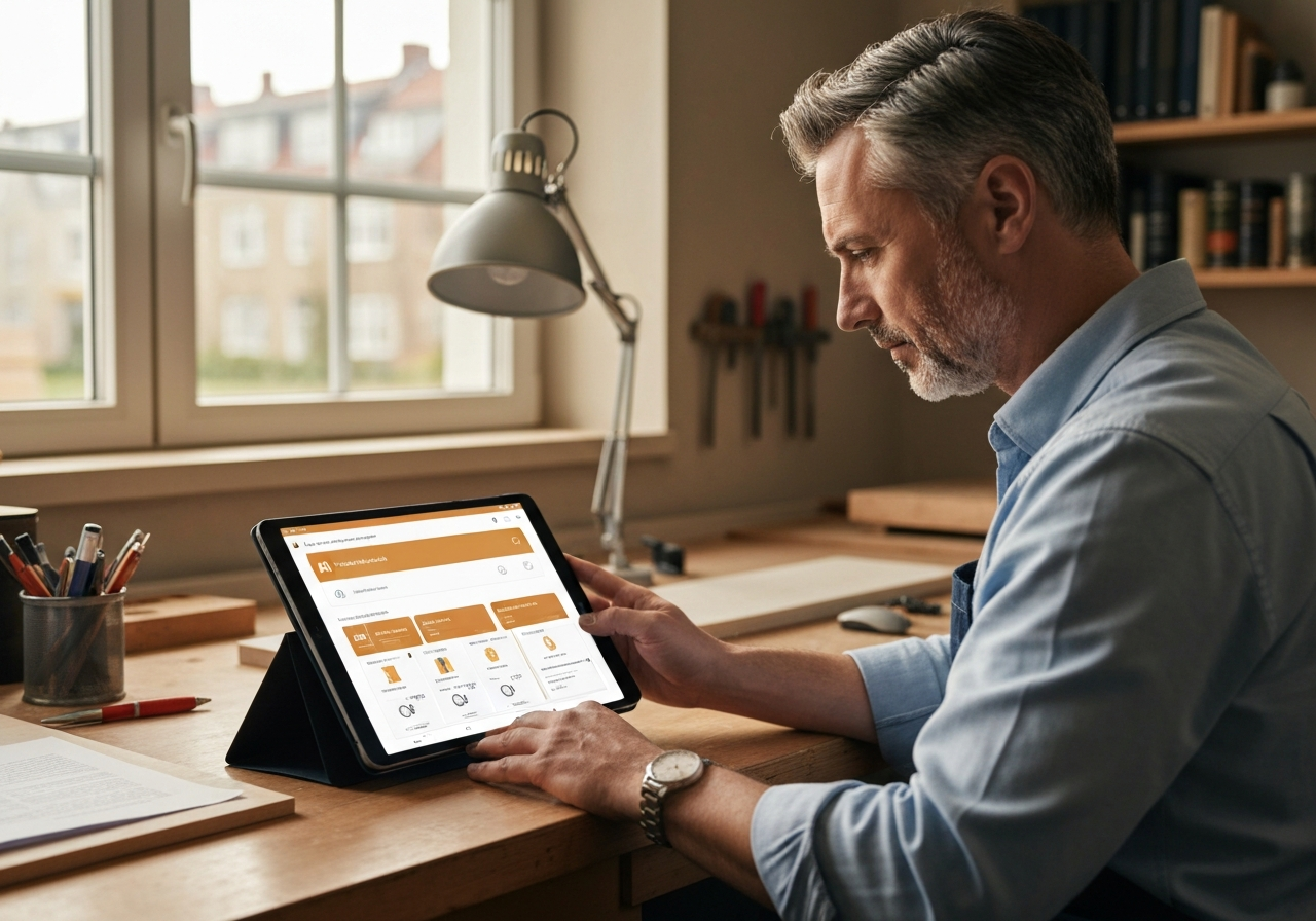 Handwerker analysiert Dokument mit KiSimple auf einem Tablet