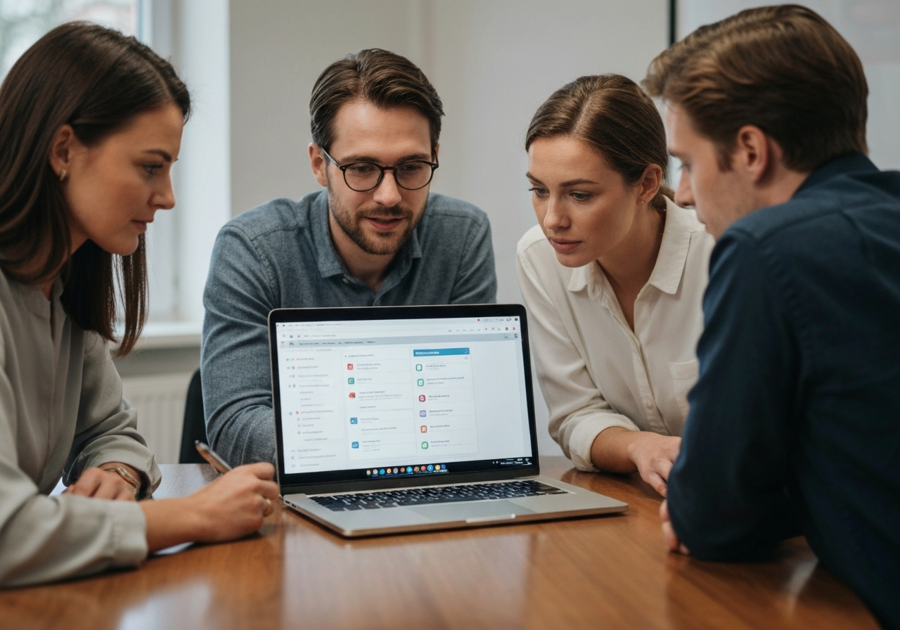 Kleines Team plant gemeinsam Aufgaben mit digitalem Kanban-Board