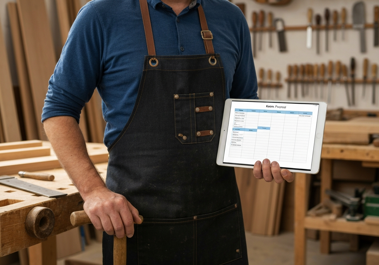 Handwerker zeigt Kanban-Board auf Tablet im Betrieb