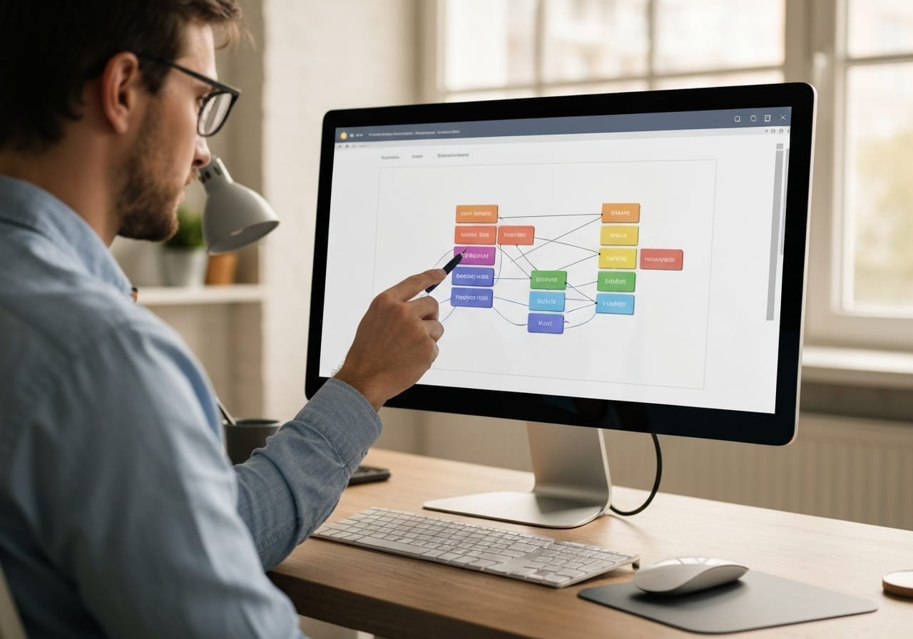 Mitarbeiter nutzt den visuellen PromptSimple Prompt-Builder am Bildschirm