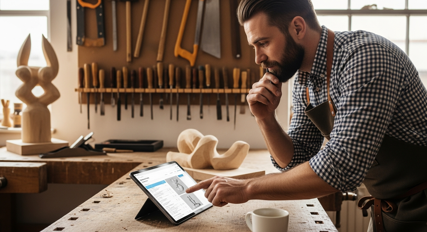 Handwerker nutzt Tablet zur digitalen Verwaltung in der Werkstatt